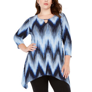 NY Collection Plus Size 3X Blue, White & Black Printed Handkerchief-Hem Top NWT